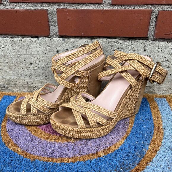 Stuart Weitzman Wedge Sandals Size 6 Tan Brown Espadrilles Braided Ankle Straps - Picture 3 of 9